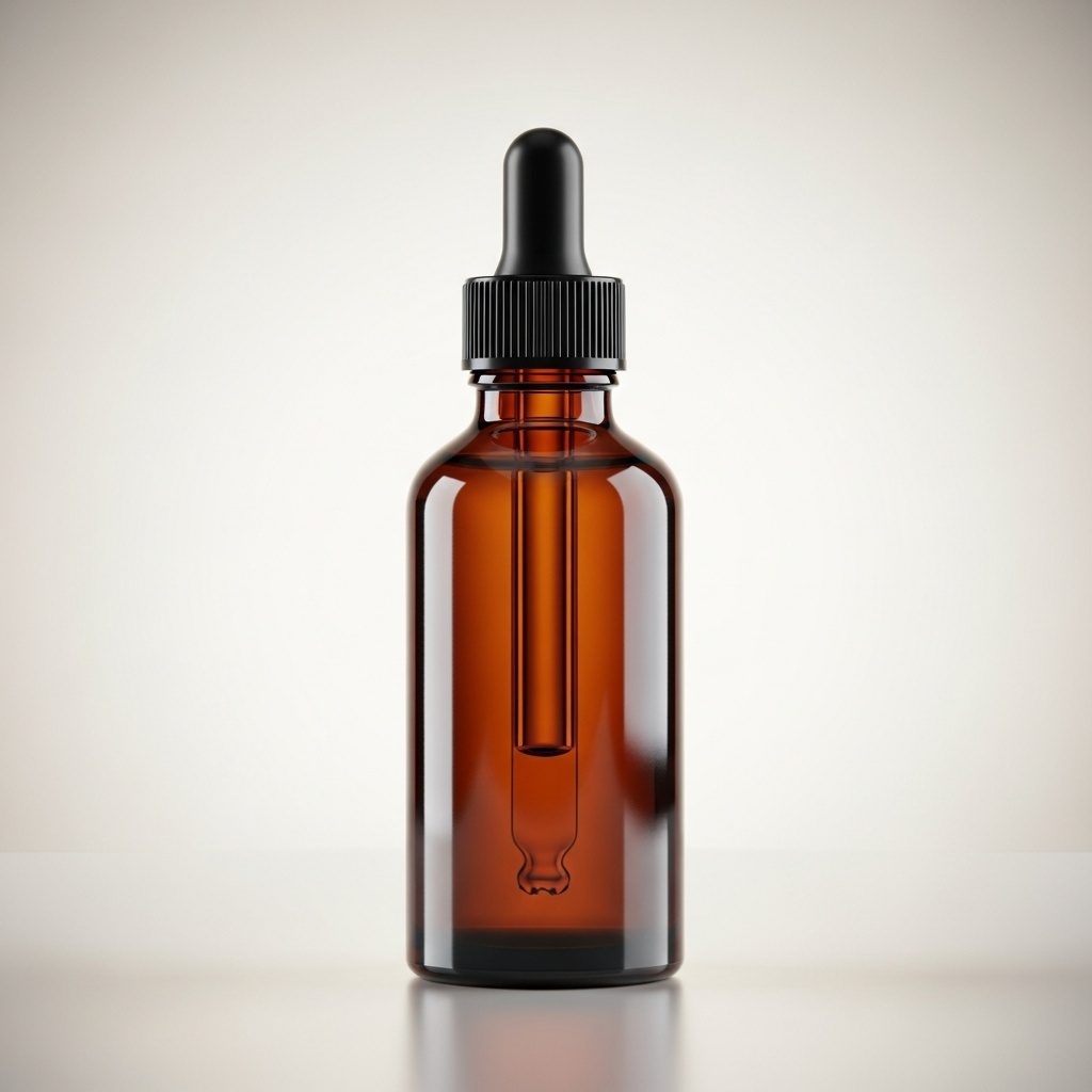 Amber glass skincare serum bottle with dropper cap for e-commerce - studio beauty product photo on soft off-white background