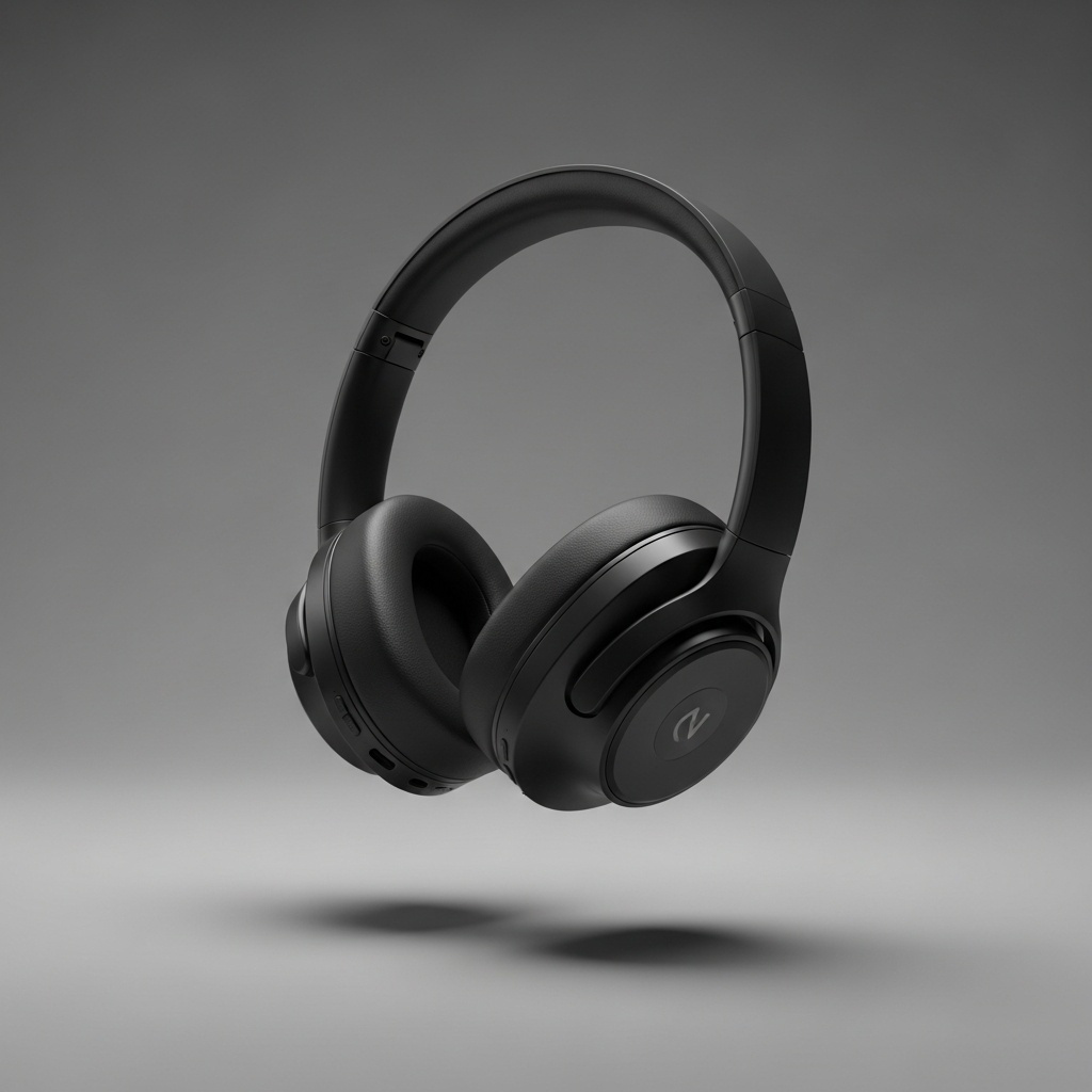Matte black wireless over-ear headphones product photo for e-commerce - studio shot on neutral gray background