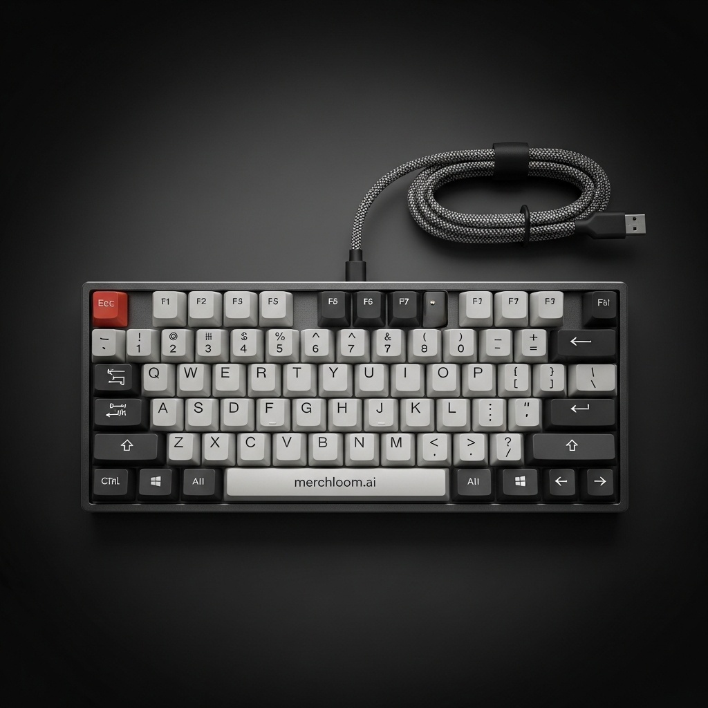 Compact mechanical keyboard product photo for e-commerce - top-down studio shot on dark neutral background