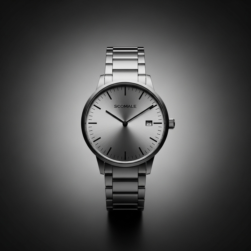 Minimalist wristwatch with metal strap for e-commerce - front-facing studio product photo on dark gradient background
