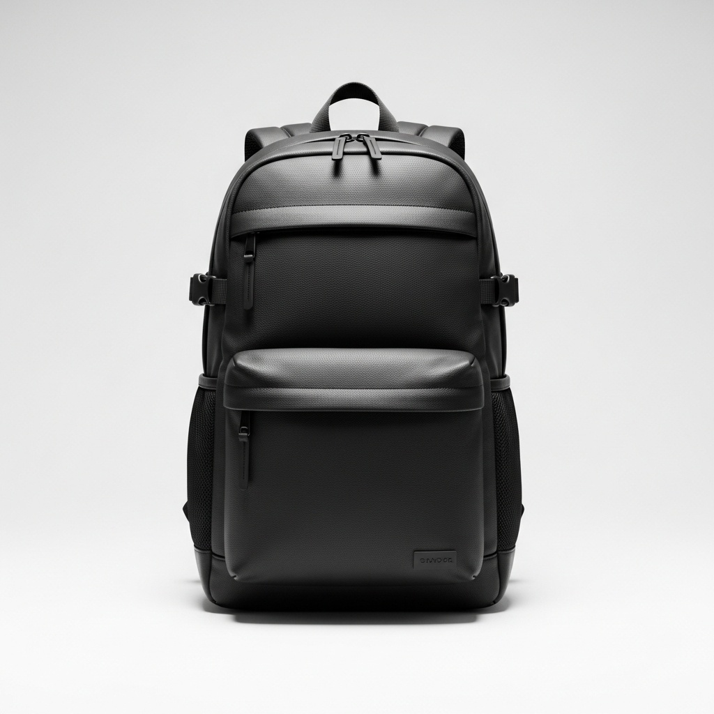 Modern urban backpack standing upright for e-commerce - studio product photo on clean off-white background