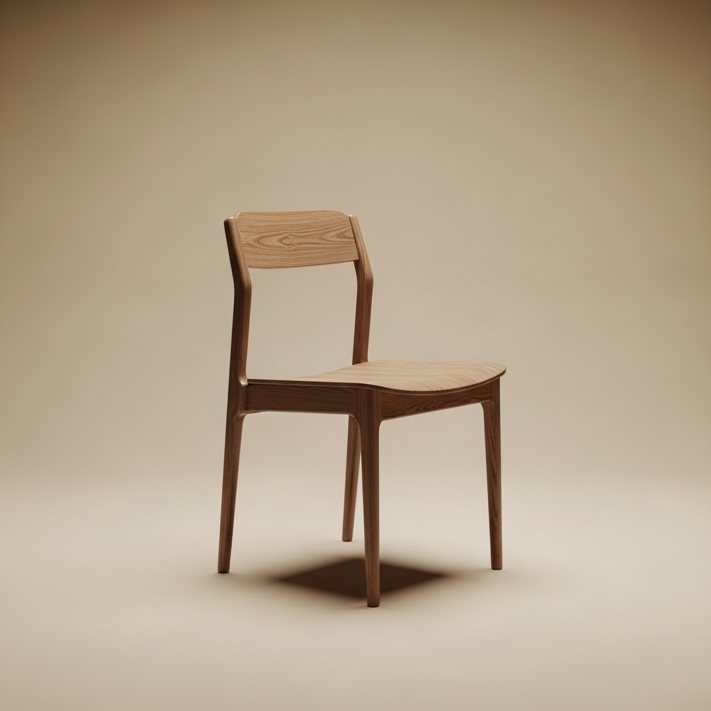 Modern wooden dining chair product photo for e-commerce - three-quarter angle studio shot on soft beige background