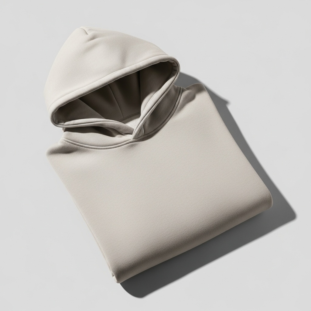 Folded unisex hoodie in neutral color for e-commerce - studio apparel product photo on light gray background
