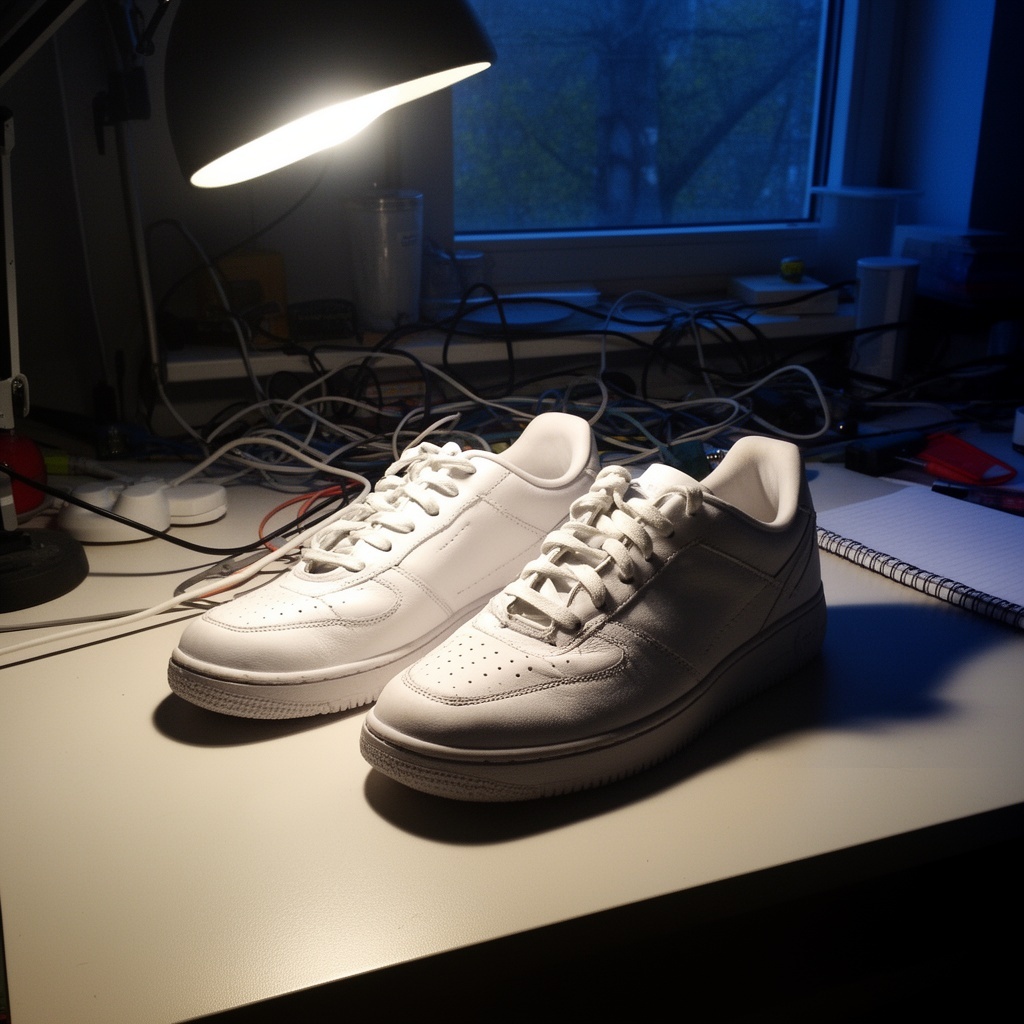 Raw smartphone photo of white sneakers on cluttered office desk - unprocessed image before batch processing