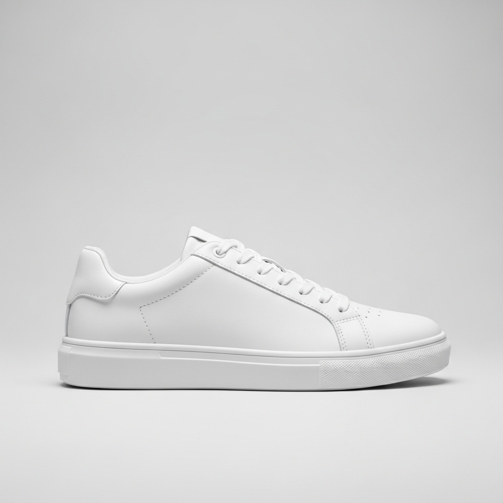 Modern white low-top sneakers product photo for e-commerce - studio shot on clean gray background